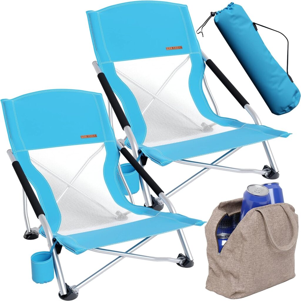 IJ BASICS 2 Pack Low Beach Chairs for Adults | Ultra Light, Heavy Duty Beach Chair with Cupholder and Carry Bag | Compact Backpacking Chair for Camping, Beach, and Travel | Bonus Cooler Bag Included IJ BASICS 2 Pack Low Beach Chairs for Adults | Ultra Light, Heavy Duty Beach Chair with Cupholder and Carry Bag | Compact Backpacking Chair for Camping, Beach, and Travel | Bonus Cooler Bag Included