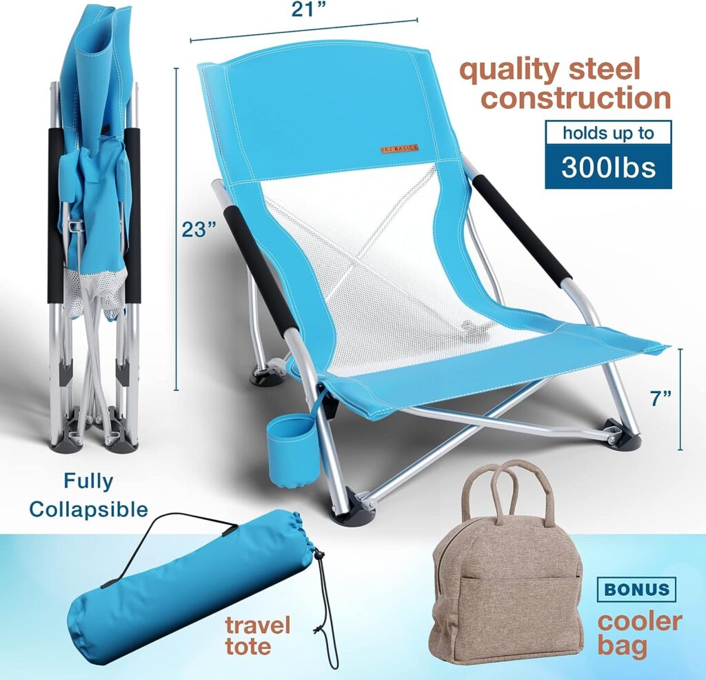 IJ BASICS 2 Pack Low Beach Chairs for Adults | Ultra Light, Heavy Duty Beach Chair with Cupholder and Carry Bag | Compact Backpacking Chair for Camping, Beach, and Travel | Bonus Cooler Bag Included IJ BASICS 2 Pack Low Beach Chairs for Adults | Ultra Light, Heavy Duty Beach Chair with Cupholder and Carry Bag | Compact Backpacking Chair for Camping, Beach, and Travel | Bonus Cooler Bag Included