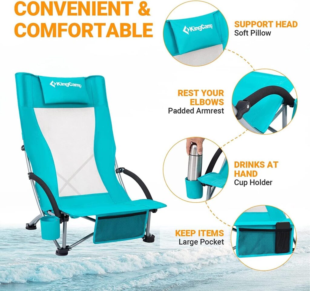 KingCamp Low Sling Beach Chairs,Folding High Mesh Reclining Back Chair for Adults with Headrest,Cup Holder,Carry Bag Padded Armrest for Sand Camping Lawn Concert Travel Festival