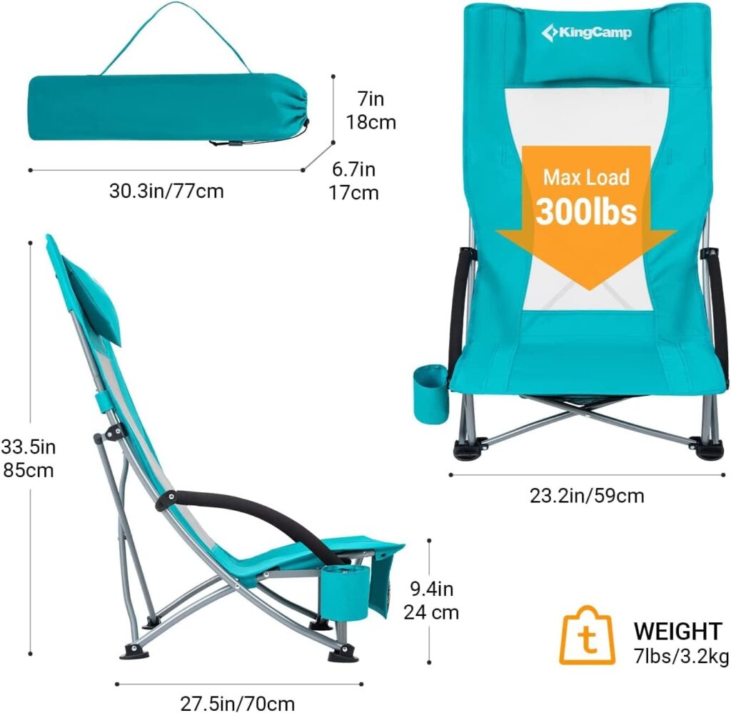 KingCamp Low Sling Beach Chairs,Folding High Mesh Reclining Back Chair for Adults with Headrest,Cup Holder,Carry Bag Padded Armrest for Sand Camping Lawn Concert Travel Festival