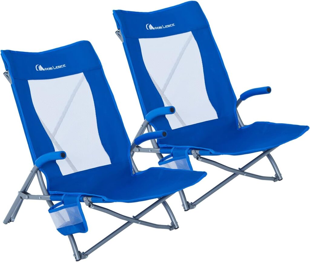MOON LENCE 2 Pack Low Beach Lawn Lounge Chair, Outdoor Camping Chairs for Adults Folding, Portable, Comfortable with Arm Cushions, Cup Holder  Carry Bag(Blue)