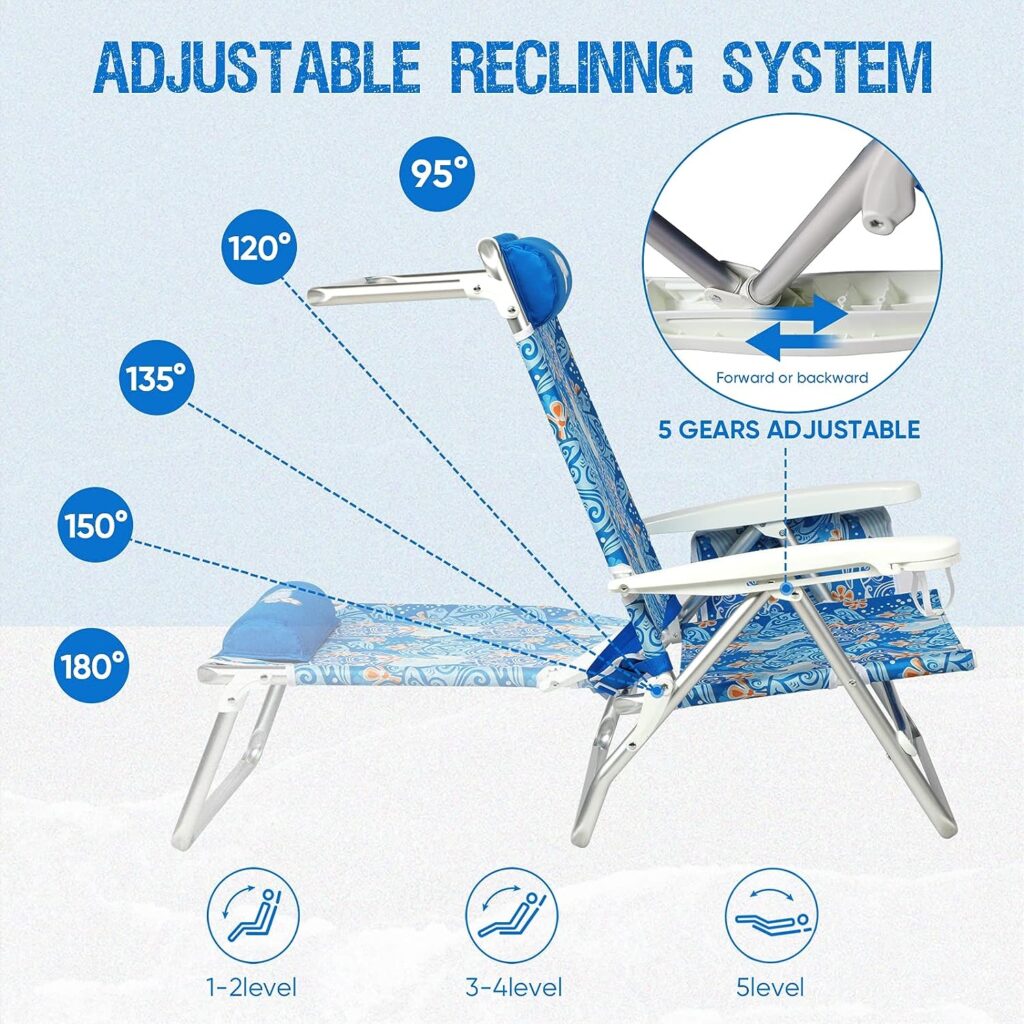 Old Bahama Bay Reclining Beach Chair Backpack 5-Position Lay Flat Lounge Chair for Adults Heavy Duty Portable Folding Lightweight with Cooler Bag Camping Chair for Sand Outdoor Blue