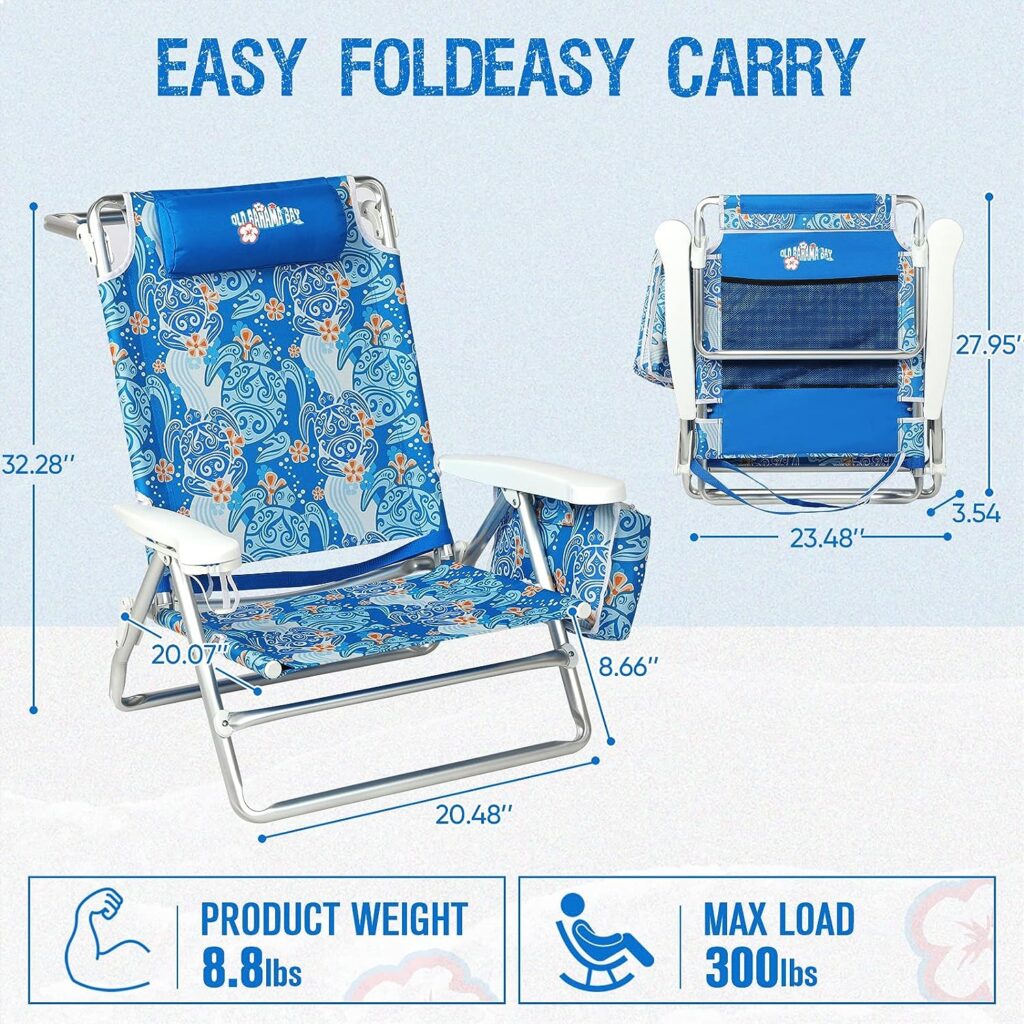 Old Bahama Bay Reclining Beach Chair Backpack 5-Position Lay Flat Lounge Chair for Adults Heavy Duty Portable Folding Lightweight with Cooler Bag Camping Chair for Sand Outdoor Blue