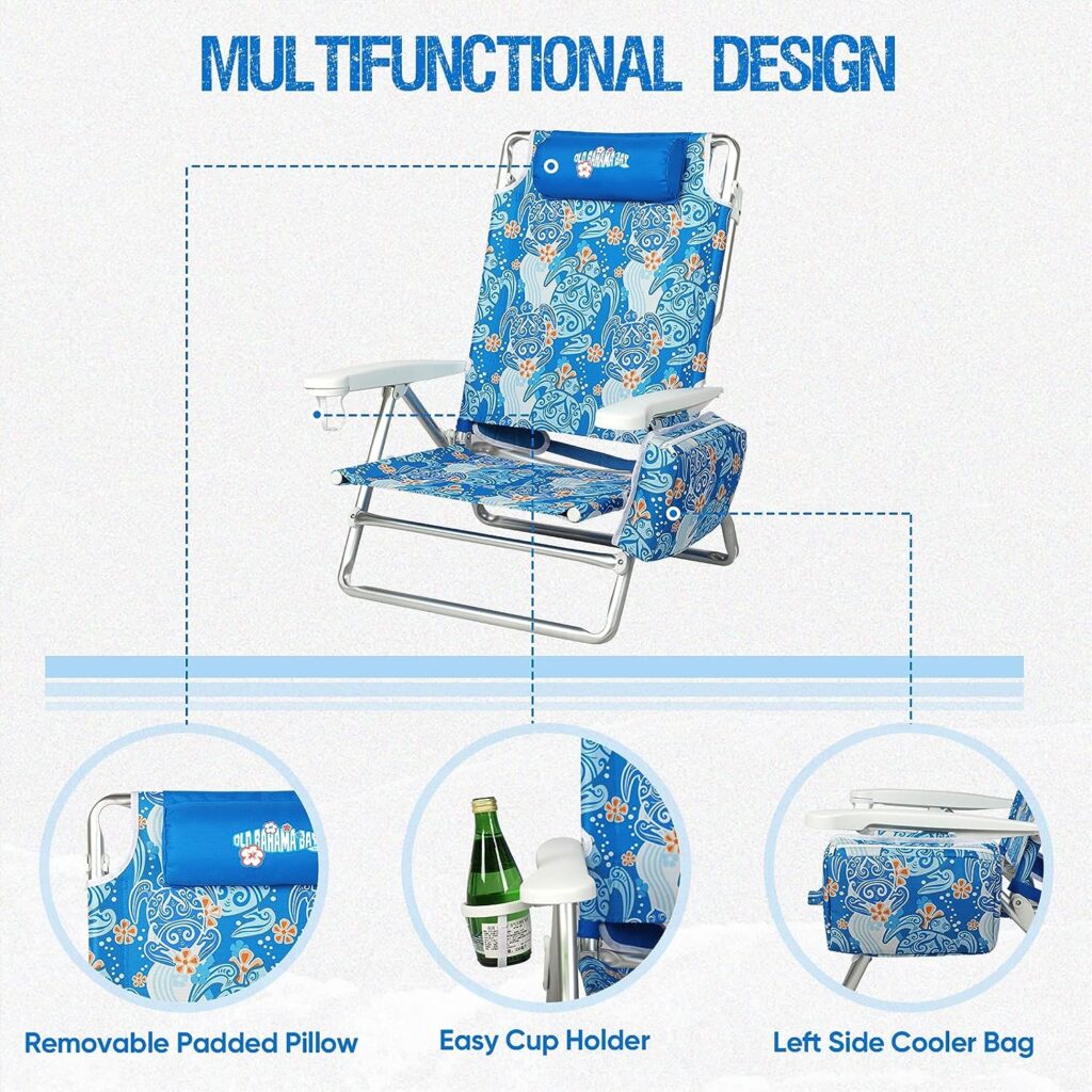 Old Bahama Bay Reclining Beach Chair Backpack 5-Position Lay Flat Lounge Chair for Adults Heavy Duty Portable Folding Lightweight with Cooler Bag Camping Chair for Sand Outdoor Blue