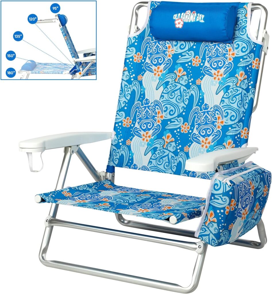 Old Bahama Bay Reclining Beach Chair Backpack 5-Position Lay Flat Lounge Chair for Adults Heavy Duty Portable Folding Lightweight with Cooler Bag Camping Chair for Sand Outdoor Blue