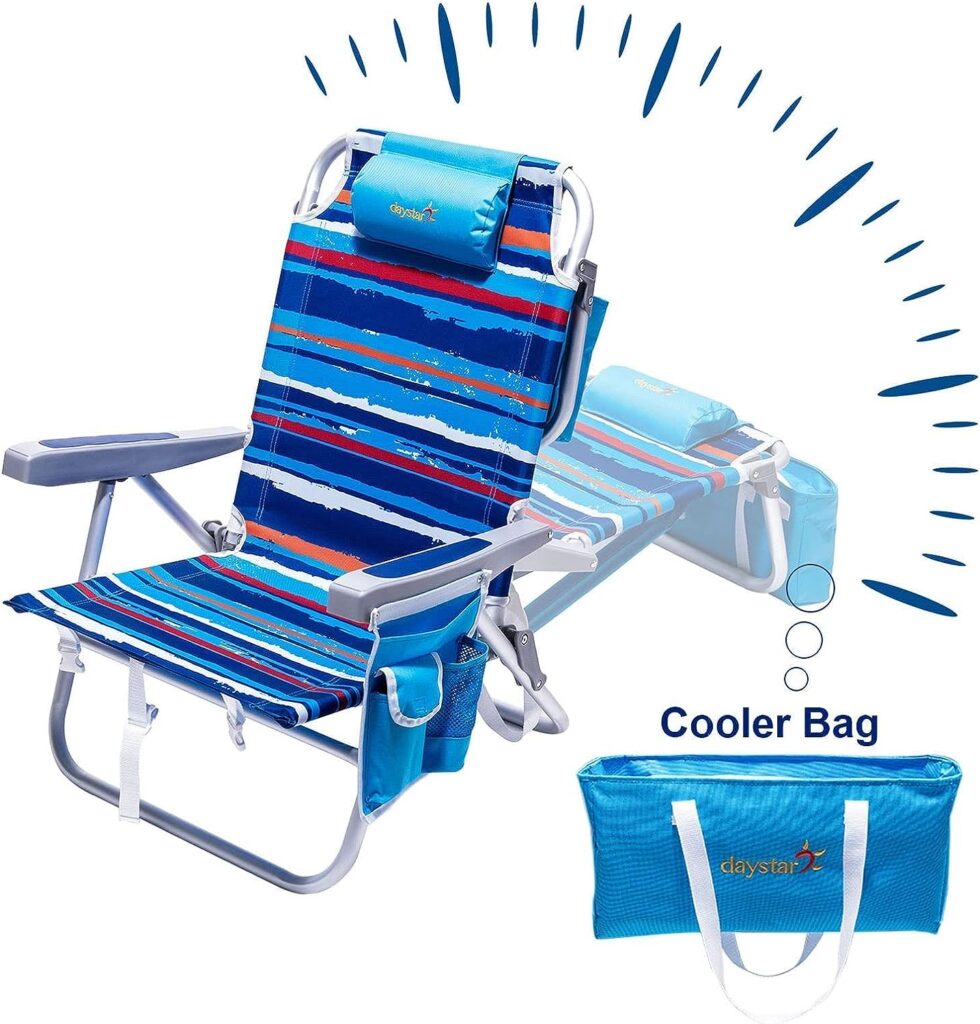 SUNNYFEEL Low Beach Chair 5 Position Lay Flat, Portable Folding Backpack Beach Chairs Heavy Duty with Cooler Bag, Cup Holder for Outdoor/Lawn/Picnic/Fishing, Foldable Camping Chair (New BlueStripe) SUNNYFEEL Low Beach Chair 5 Position Lay Flat, Portable Folding Backpack Beach Chairs Heavy Duty with Cooler Bag, Cup Holder for Outdoor/Lawn/Picnic/Fishing, Foldable Camping Chair (New BlueStripe)