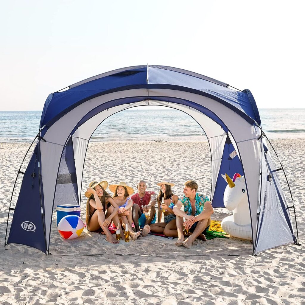 UNP Easy Beach Tent 12 X 12ft Pop Up Canopy UPF50+ Tent with Side Wall, Ground Pegs, and Stability Poles, Sun Shelter Rainproof, Waterproof for Camping Trips, Backyard Fun, Party Or Picnics(Blue) UNP Easy Beach Tent 12 X 12ft Pop Up Canopy UPF50+ Tent with Side Wall, Ground Pegs, and Stability Poles, Sun Shelter Rainproof, Waterproof for Camping Trips, Backyard Fun, Party Or Picnics(Blue)