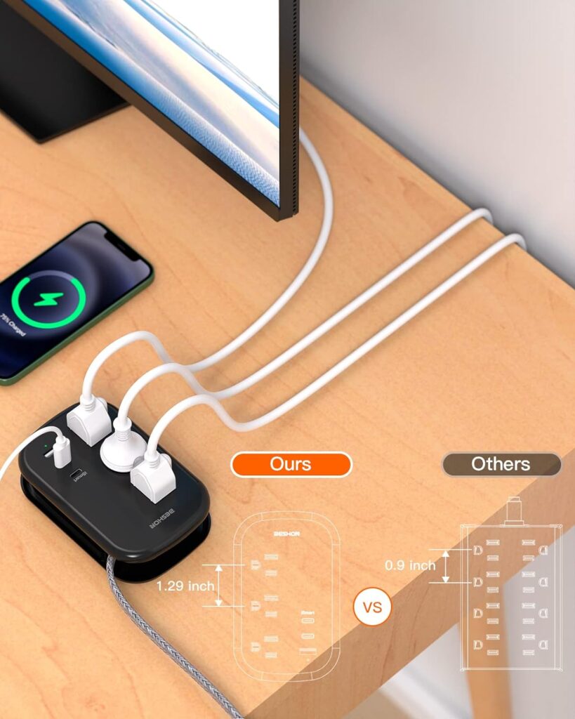 BESHON Flat Plug Power Strip, 3 Outlets with 3 USB Ports(2 USB C), Ultra Flat 3.2ft Wrapped Around Extension Cord for Cruise Ship, Travel, Dorm Room Essentials