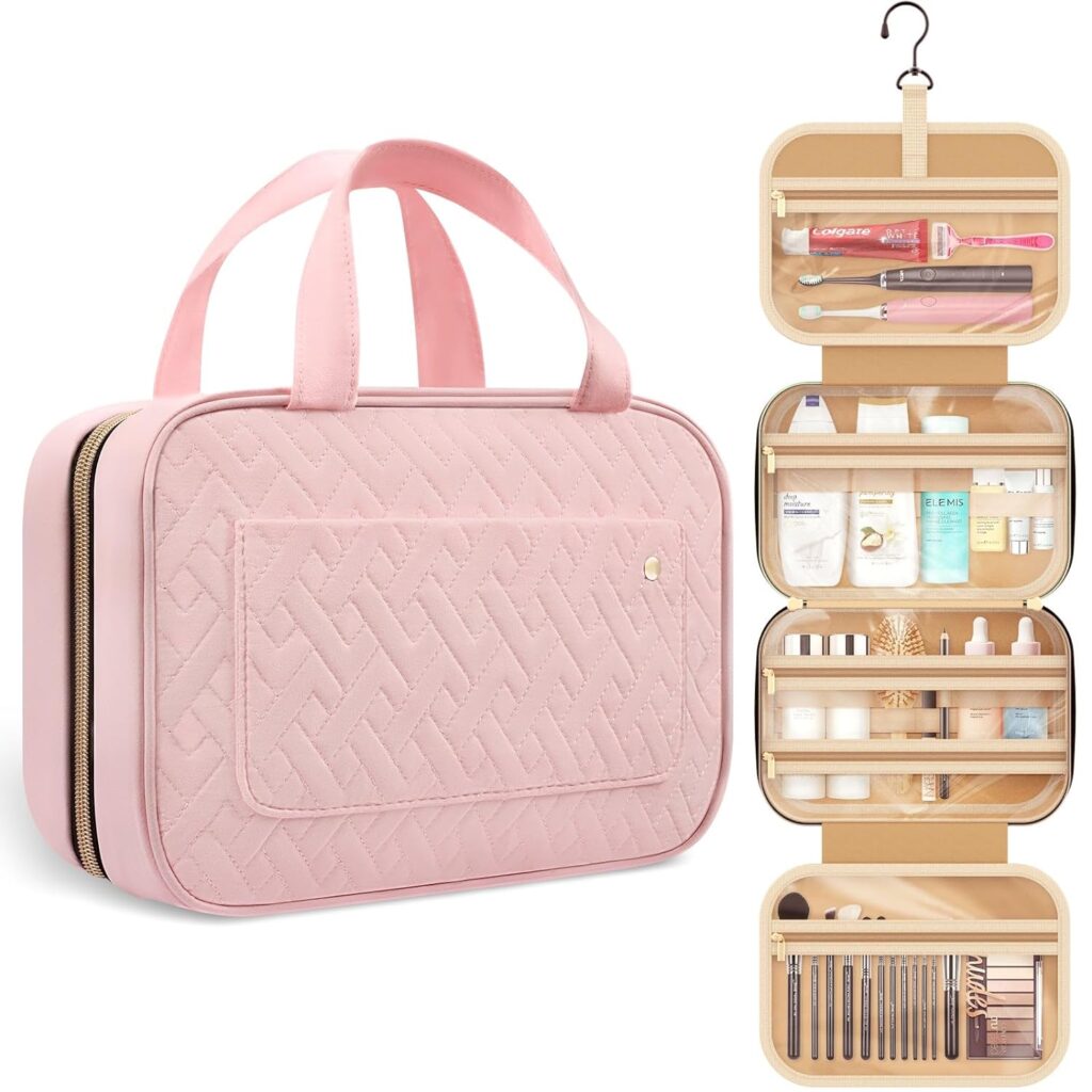 HOTOR Travel Toiletry Bag for Women with Hanging Hook - Portable Cosmetic Case, Toiletry Bag for Traveling Women, Waterproof Travel Essentials, Pink