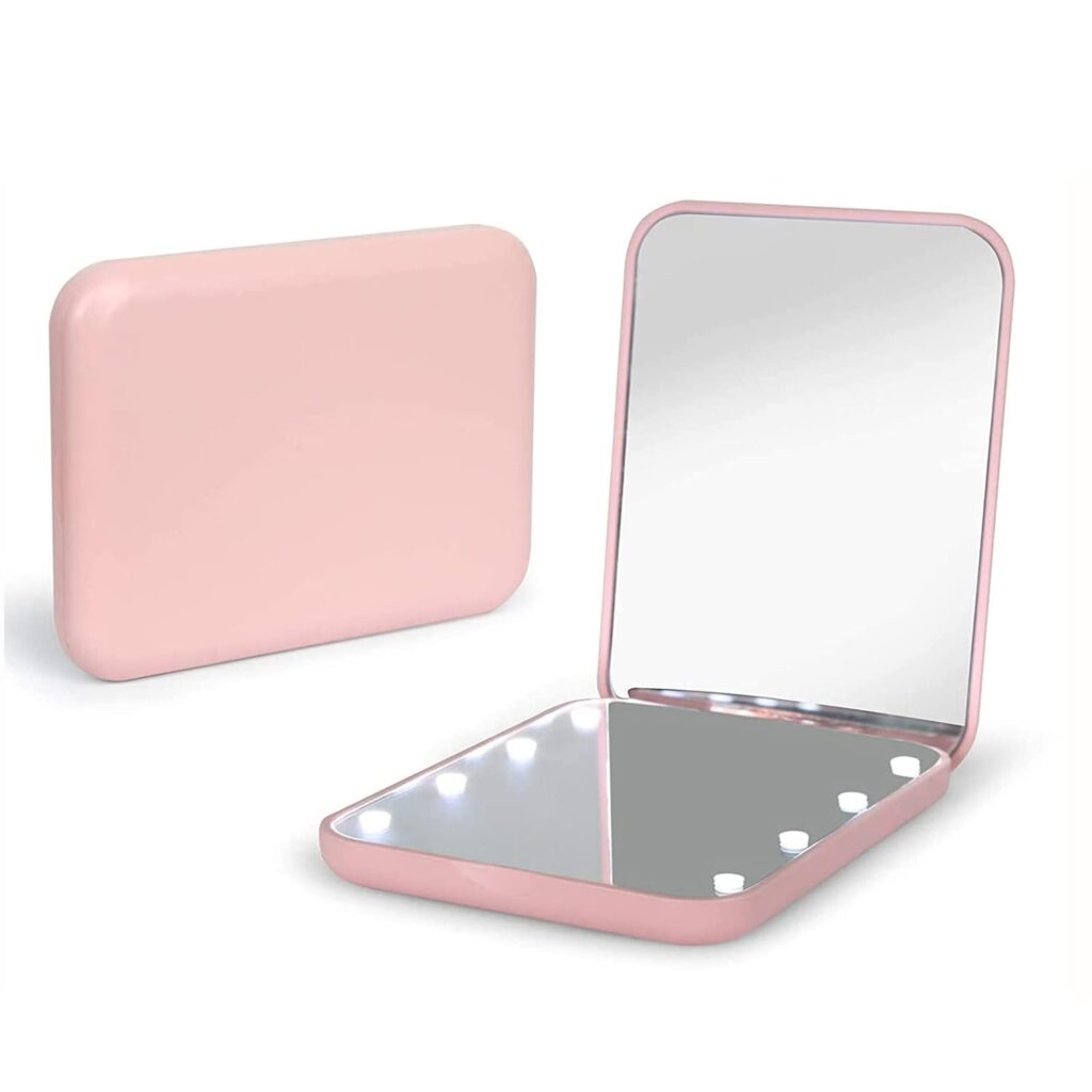 Kintion Pocket Mirror, 1X/3X Magnification LED Compact Travel Makeup Mirror with Light for Purse, 2-Sided, Portable, Folding, Handheld, Small Lighted Mirror for Gift, Pink Kintion Pocket Mirror, 1X/3X Magnification LED Compact Travel Makeup Mirror with Light for Purse, 2-Sided, Portable, Folding, Handheld, Small Lighted Mirror for Gift, Pink
