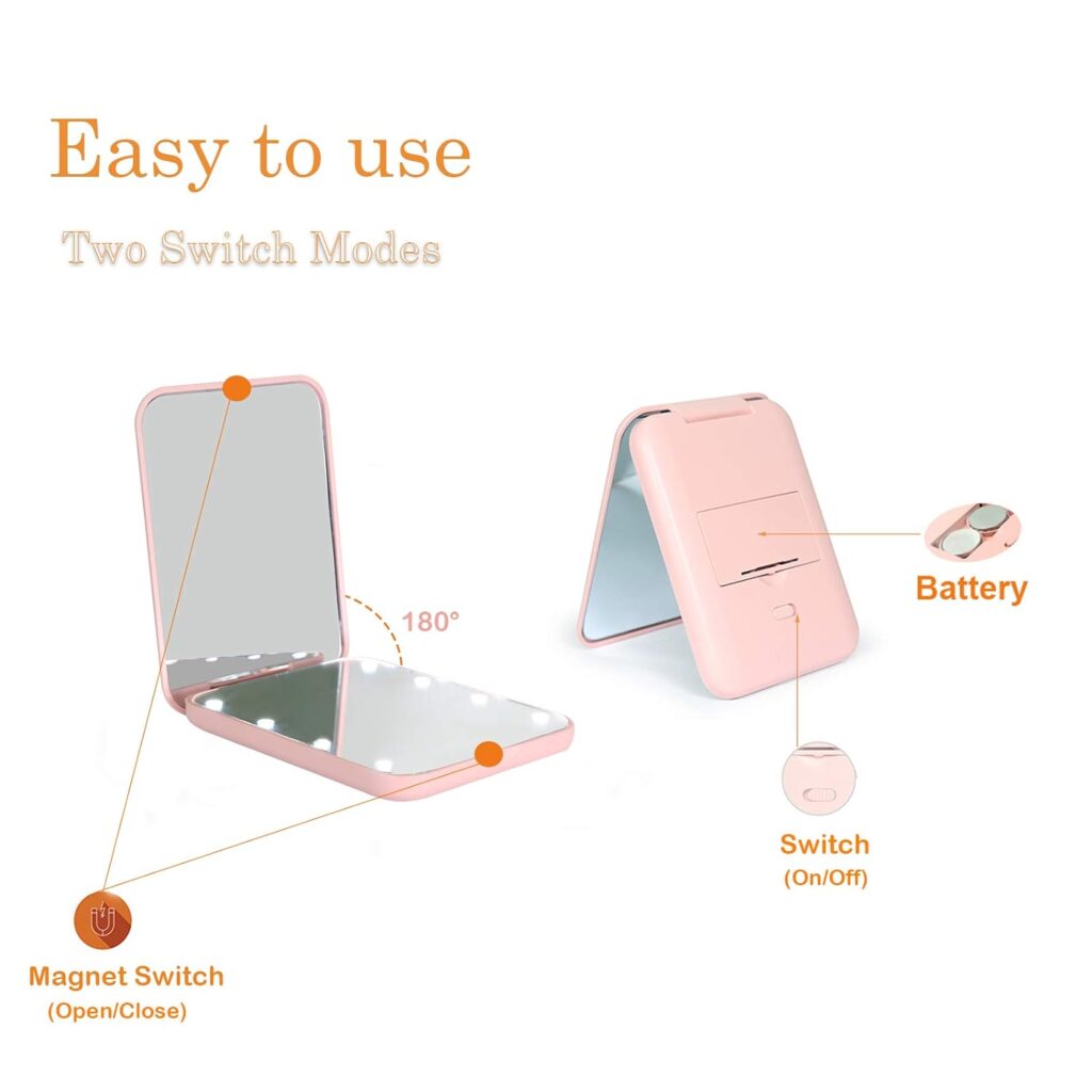Kintion Pocket Mirror, 1X/3X Magnification LED Compact Travel Makeup Mirror with Light for Purse, 2-Sided, Portable, Folding, Handheld, Small Lighted Mirror for Gift, Pink Kintion Pocket Mirror, 1X/3X Magnification LED Compact Travel Makeup Mirror with Light for Purse, 2-Sided, Portable, Folding, Handheld, Small Lighted Mirror for Gift, Pink