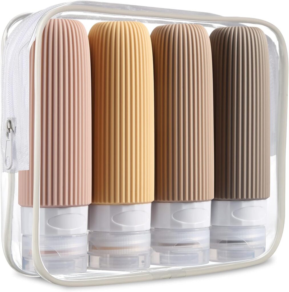 Mrsdry Travel Bottles for Toiletries, Tsa Approved 3oz Portable Travel Bottles, BPA Free Leak Proof Squeezable Silicone Travel Size Containers, Travel Accessories with Clear Toiletry Bag (4 Pack)