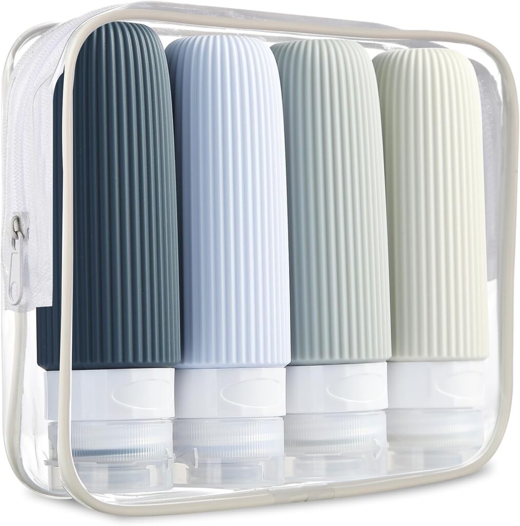 Mrsdry Travel Bottles for Toiletries, Tsa Approved 3oz Portable Travel Bottles, BPA Free Leak Proof Squeezable Silicone Travel Size Containers, Travel Accessories with Clear Toiletry Bag (4 Pack)