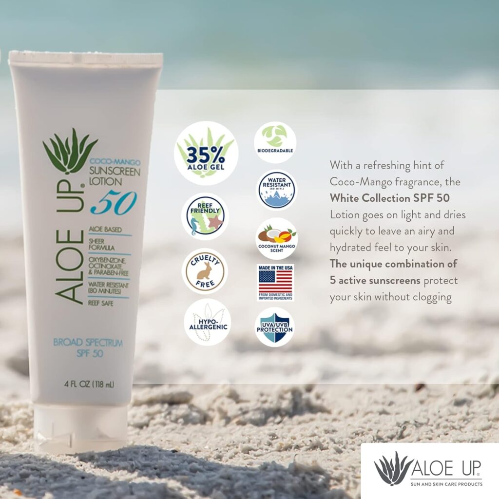 Aloe Up SPF 50 Sunscreen Lotion - Non Greasy Quick Absorbing Sun Skin Care, Reef Friendly Skin Sun Protection - Body Sun Cream with UVA/UVB Protection, Aloe Infused Sunscreen for Body - 4 Fl Oz Aloe Up SPF 50 Sunscreen Lotion - Non Greasy Quick Absorbing Sun Skin Care, Reef Friendly Skin Sun Protection - Body Sun Cream with UVA/UVB Protection, Aloe Infused Sunscreen for Body - 4 Fl Oz