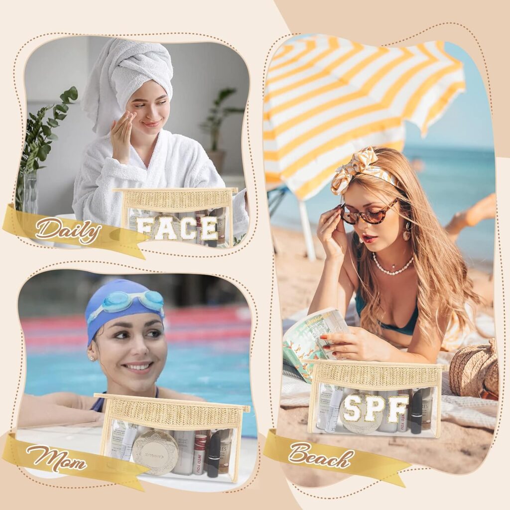 UIXIZQ Small Boho Straw Clear Makeup Bags for WomenGirls, Zipper Cosmetic Bag Chenille Varsity Letter Patch Bag, Preppy Cute Toiletry Pouch, Trendy Organizer Storage Bag for Beach Travel Essentials UIXIZQ Small Boho Straw Clear Makeup Bags for WomenGirls, Zipper Cosmetic Bag Chenille Varsity Letter Patch Bag, Preppy Cute Toiletry Pouch, Trendy Organizer Storage Bag for Beach Travel Essentials