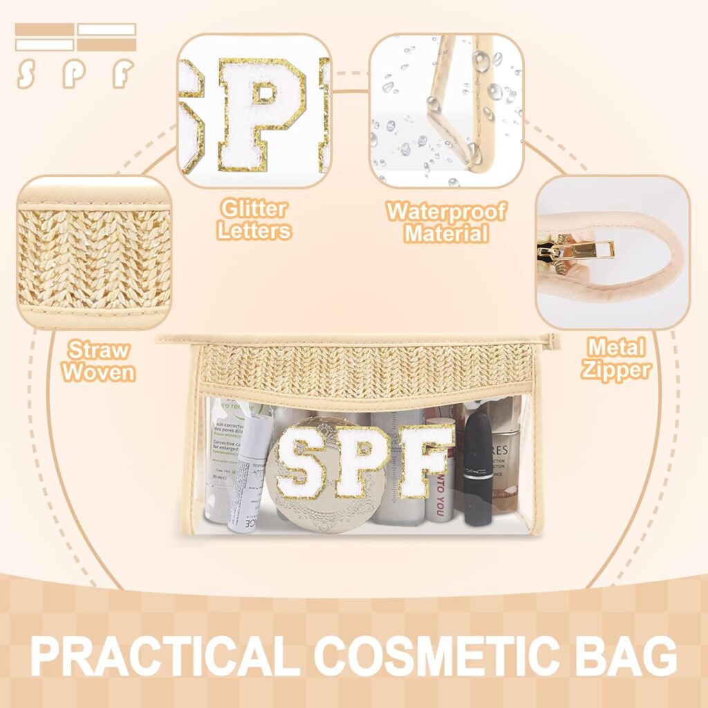 UIXIZQ Small Boho Straw Clear Makeup Bags for WomenGirls, Zipper Cosmetic Bag Chenille Varsity Letter Patch Bag, Preppy Cute Toiletry Pouch, Trendy Organizer Storage Bag for Beach Travel Essentials UIXIZQ Small Boho Straw Clear Makeup Bags for WomenGirls, Zipper Cosmetic Bag Chenille Varsity Letter Patch Bag, Preppy Cute Toiletry Pouch, Trendy Organizer Storage Bag for Beach Travel Essentials