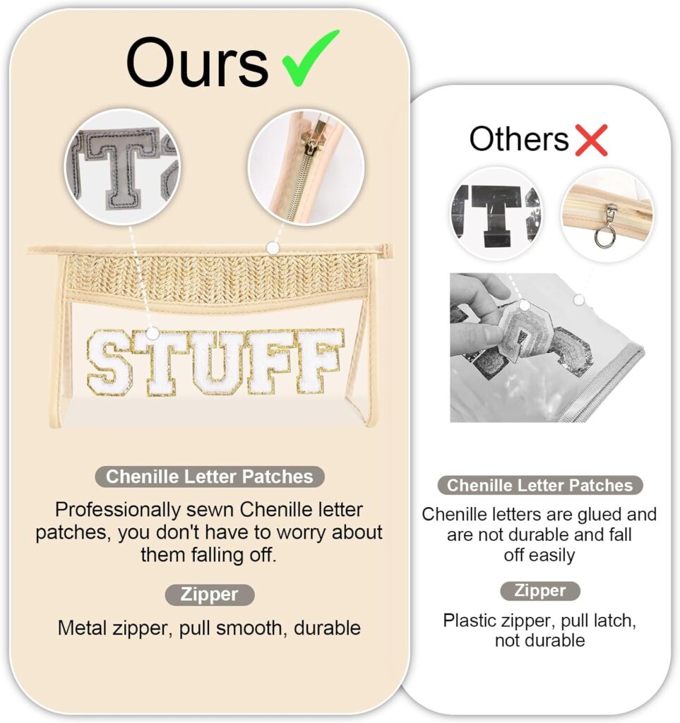 UIXIZQ Small Boho Straw Clear Makeup Bags for WomenGirls, Zipper Cosmetic Bag Chenille Varsity Letter Patch Bag, Preppy Cute Toiletry Pouch, Trendy Organizer Storage Bag for Beach Travel Essentials UIXIZQ Small Boho Straw Clear Makeup Bags for WomenGirls, Zipper Cosmetic Bag Chenille Varsity Letter Patch Bag, Preppy Cute Toiletry Pouch, Trendy Organizer Storage Bag for Beach Travel Essentials